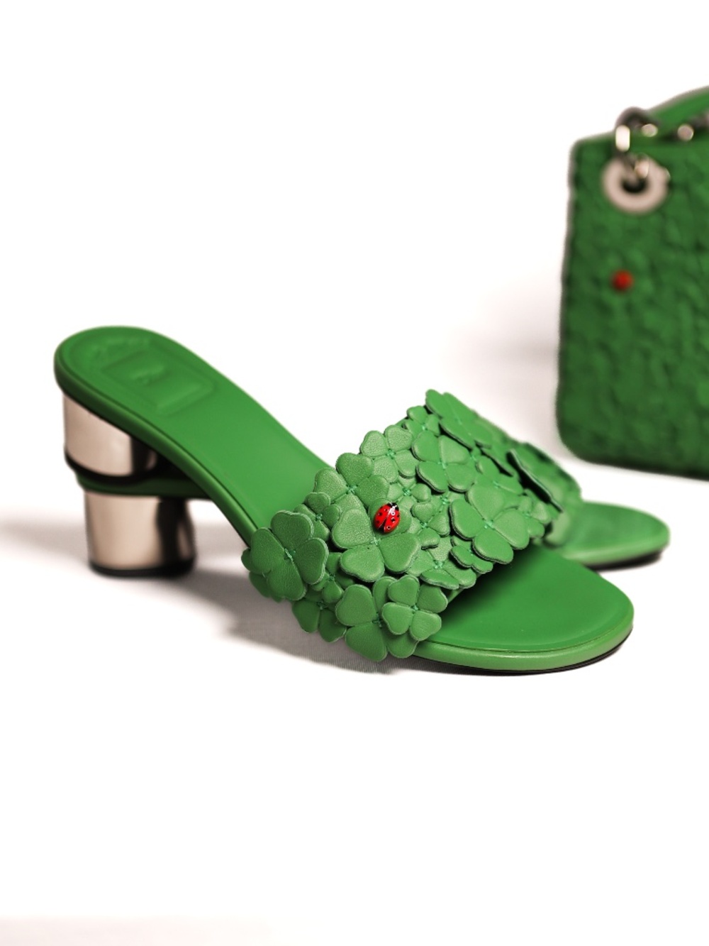 Dior Bloom Heeled Slide Green Dior Clover Embroidered Lambskin 37.5 - Picture 3 of 8